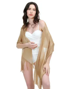 Shimmering gold metallic mesh shawl for women, elegant evening wrap with fringe tassel trim.