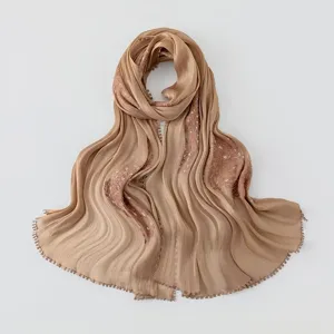 Exquisite sequin embroidery detail on lightweight breathable long scarf hijab shawl.