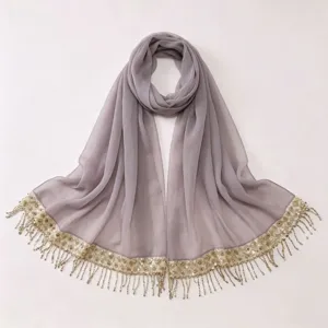 Elegant grey chiffon sequin tassel long scarf, perfect for women hijab and daily wear style.