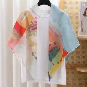 French vintage abstract print square scarf, elegant lightweight sun protection shawl.