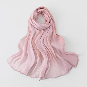 Exquisite pink island silk embroidered long scarf detail showcasing delicate sequins and elegant drape for women