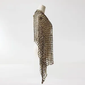 Side detail view of black sequin fringe shawl on mannequin for evening party wear.
