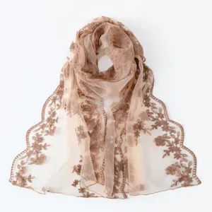 French vintage lace embroidered scarf elegant sheer floral wrap shawl women beige