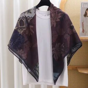 Vintage floral print square scarf, lightweight sun protection shawl for women summer styling.