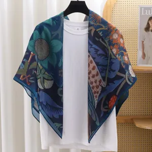 French vintage floral print silk cotton large square scarf for women summer sun protection