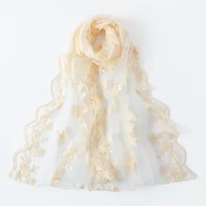 French vintage floral embroidered lace scarf, elegant sheer shawl for women versatile daily wear.