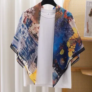 French retro printed square scarf, versatile artistic sun protection shawl detail.