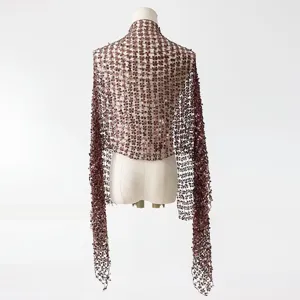 Detailed back view of a dark red sequin tassel shawl, perfect for evening parties and dresses.