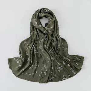 Olive green floral imitation silk long scarf for women, elegant literary shawl design.