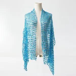 Blue sequin mesh shawl evening party wrap cape elegant glitter crochet scarf for women.