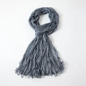 Grey crinkled sheer scarf spring summer lightweight metallic stripe bubble crepe shawl