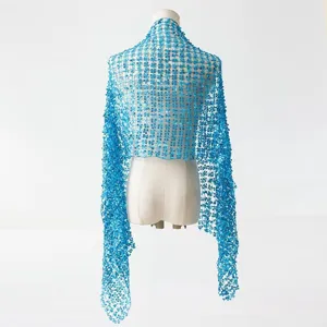 Stunning blue sequin fringe shawl for women, elegant mesh evening party dress accessory scarf.