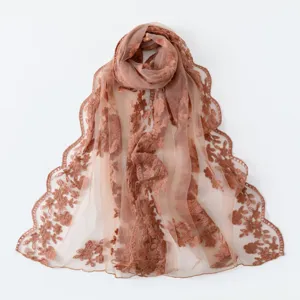 French vintage floral lace scarf detail, elegant embroidered sheer shawl for women.