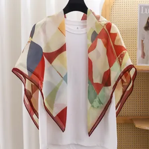French vintage geometric print large square scarf, elegant stylish summer sun protection shawl.