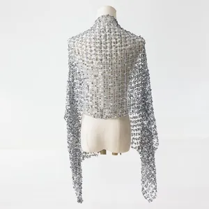 Silver sequin mesh shawl detail, sparkling fringe evening wrap for party dress ornament.