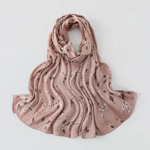 Pink floral print imitation silk long hijab scarf, elegant literary style shawl detail view.