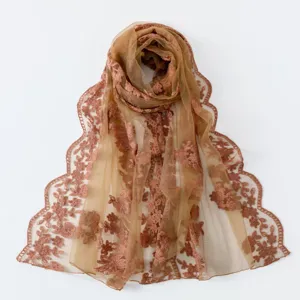 Detail view of vintage French lace embroidered floral scarf, sheer shawl with scalloped edge.
