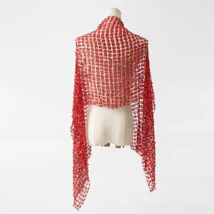 Red sequin mesh tassel shawl for women, elegant evening dress party cape and wedding wrap.