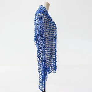 Blue sequin embroidered tassel shawl, exquisite detail view of party evening dress cape.