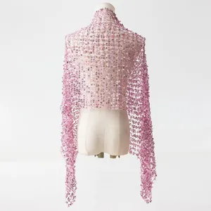 Close-up details of the pink sequin tassel mesh shawl for elegant evening party dress styling.