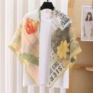 French retro tulip print silk cotton square scarf, elegant summer sun protection shawl.