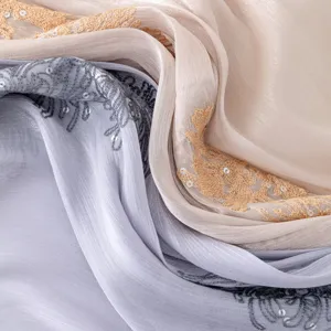 Close-up detail showing delicate embroidery and shimmering sequins on lightweight breathable fabric.