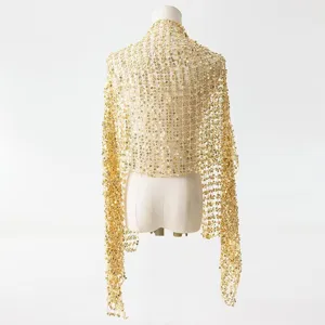 Gold sequin tassel shawl detail, sparkling mesh evening party cape accessory for women.