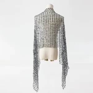 Black sequin fringe shawl detail, elegant mesh cape for evening party dress and special events.