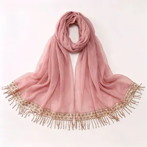 Pink chiffon hijab scarf with sequin tassel trim for women daily wear detailing view