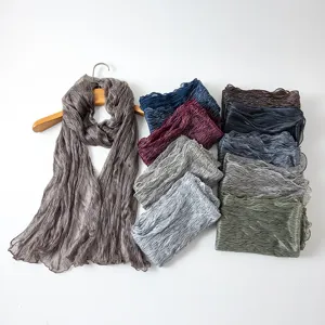 Women Pleated Striped Shiny Silk Bubble Crepe Scarf Lightweight Long Shawl Headscarf Sun Protection Fashion Accessory