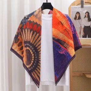 French vintage abstract print square scarf summer sun protection silk cotton shawl 110cm