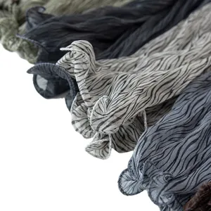 Pleated striped metallic bubble crepe hijab scarf, lightweight spring summer shawl for women.