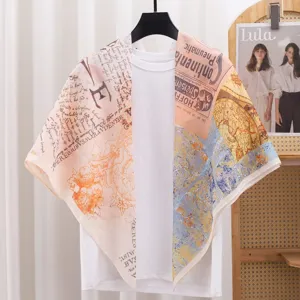 French vintage print square scarf, lightweight sun protection shawl for women, chic style.