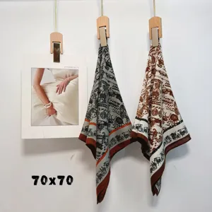 Vintage carriage print square silk scarf 70x70cm retro fashion headscarf for women styling