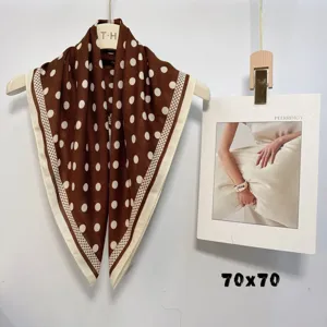 Brown and white polka dot imitation silk square scarf, 70x70cm elegant women neckerchief.