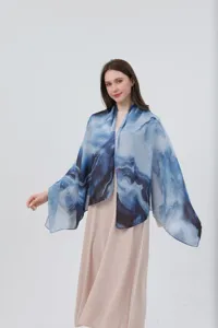 Detailed view of the elegant blue gradient watercolor print women shawl, soft fabric.