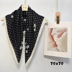 Black and white polka dot silk square scarf 70x70cm elegant women neckerchief accessory