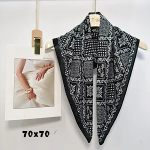 Vintage black and white paisley silk square scarf 70x70cm retro printed fashion neckerchief for women.