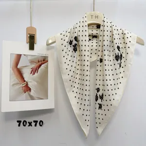 Classic black and white polka dot silk square scarf 70x70cm elegant women neckerchief