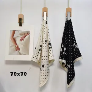 Spring and autumn imitation silk square scarf, classic black white dot floral neckerchief.