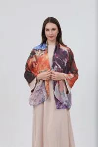 Detailed view of women's watercolor gradient printed scarf shawl, elegant satin fabric design.