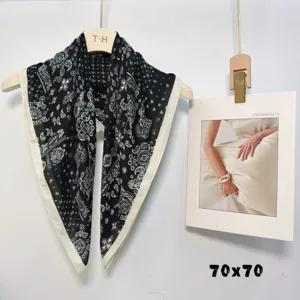 Black and white paisley print silk square scarf, elegant 70x70cm neckerchief accessory.