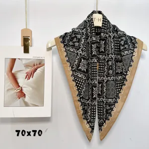Close-up detail of vintage print square scarf showcasing intricate retro pattern design.