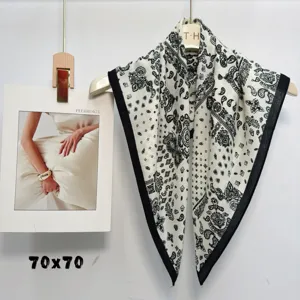 Black and white paisley print silk feel square scarf elegant fashion neckerchief 70x70cm