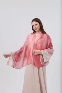 Detail view of women's gradient watercolor silk scarf shawl with elegant draping and soft fabric.