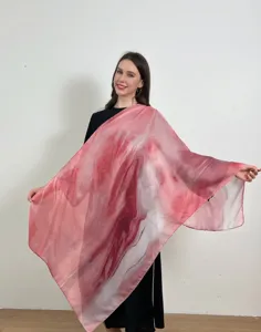 Gradient watercolor print scarf detail, soft pink double-sided fashion shawl for women.