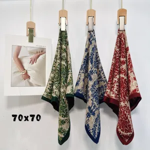 Retro vintage paisley print silk square scarf detail showing green blue and red color options.