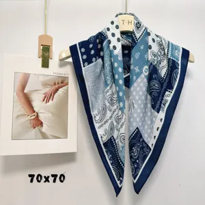 Vintage blue paisley print square scarf 70x70cm stylish women neckerchief hijab wrap