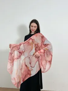 Pink watercolor marble print women's shawl scarf detail showing elegant gradient design.