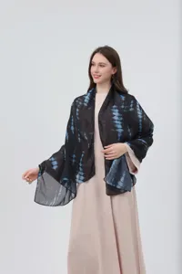 Elegant women's black and blue tie-dye gradient shawl scarf, soft and versatile accessory.